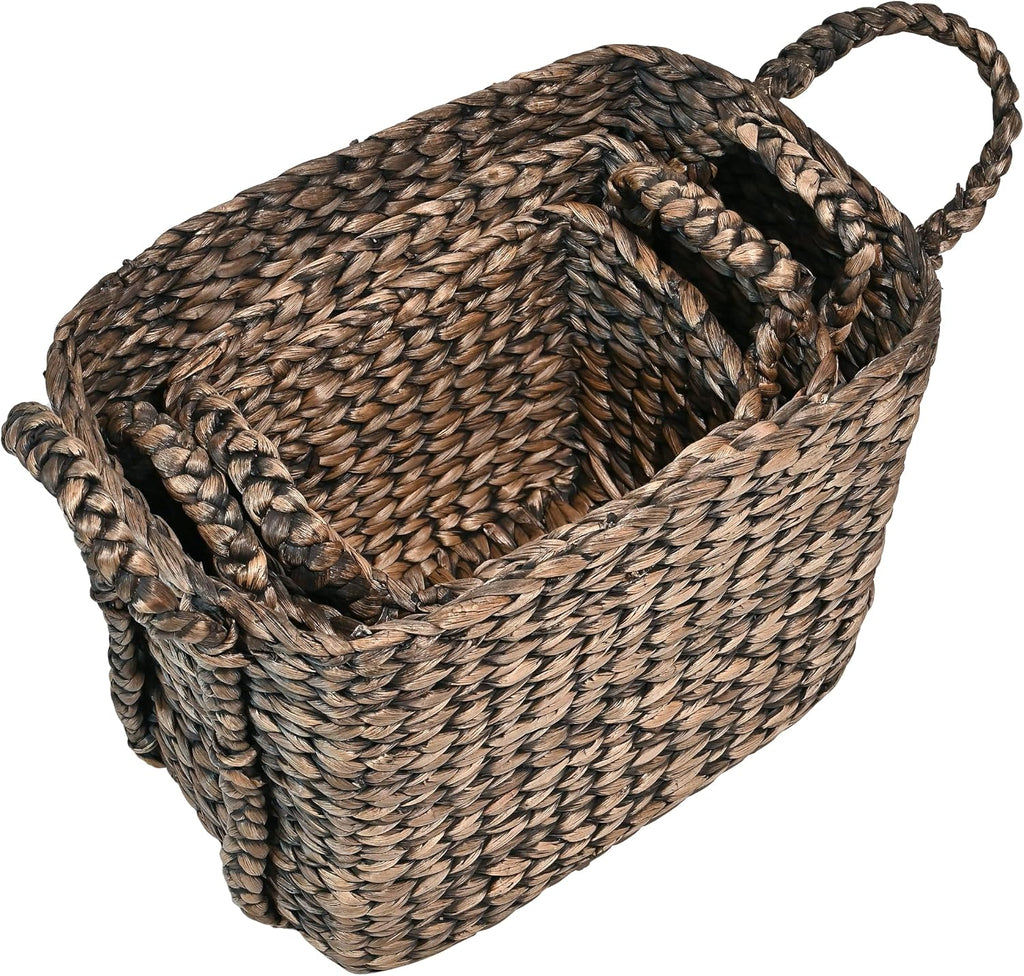 Clara 3-Piece Nesting Water Hyacinth Floor Baskets 17", Brown | Farmhouse Classic Handwoven Rectangle Wicker Seagrass