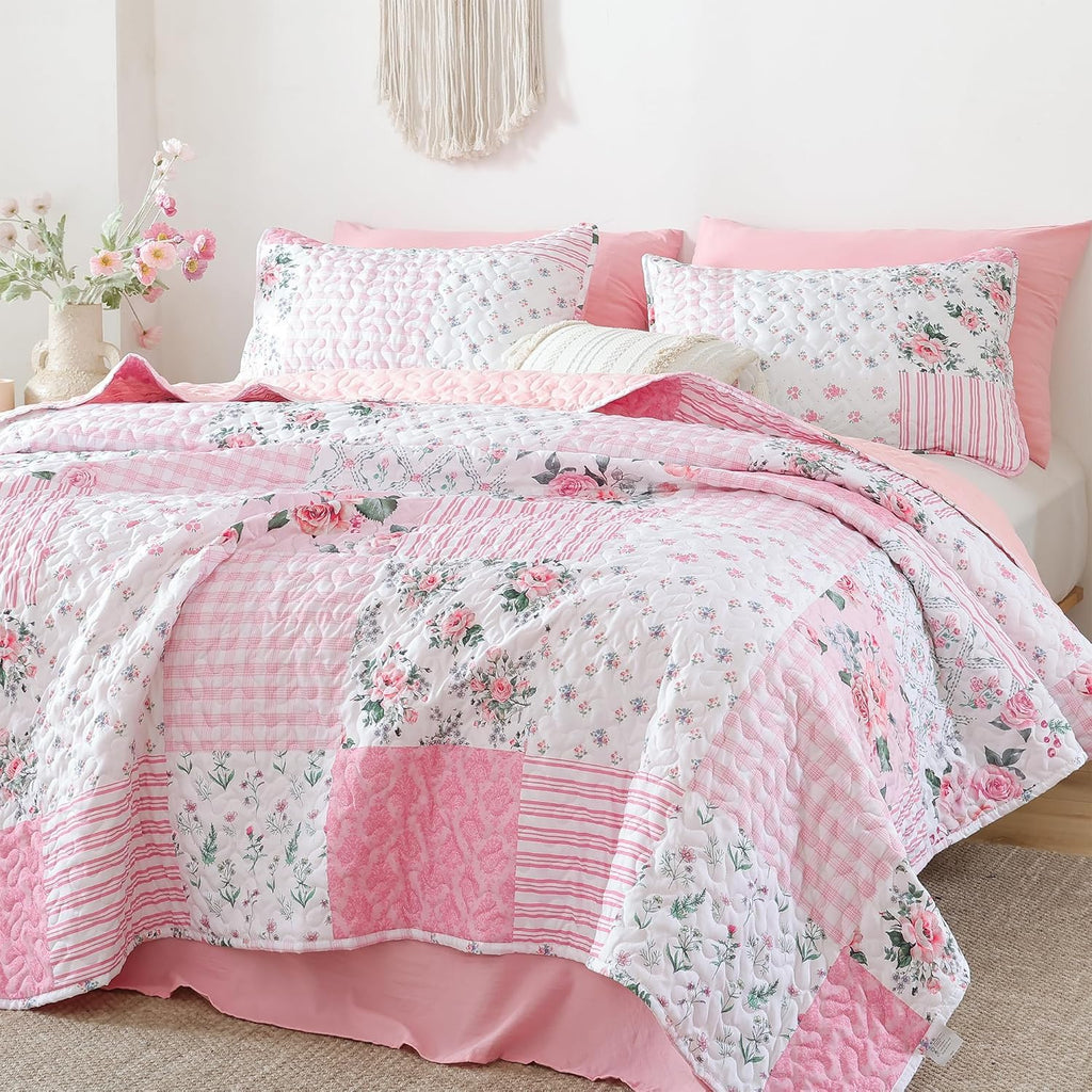 Floral Quilt Set Queen - Ultra Soft Lightweight Bedspread, 3 Piece Pink Bedding Set (90"x90") with Pillowcases