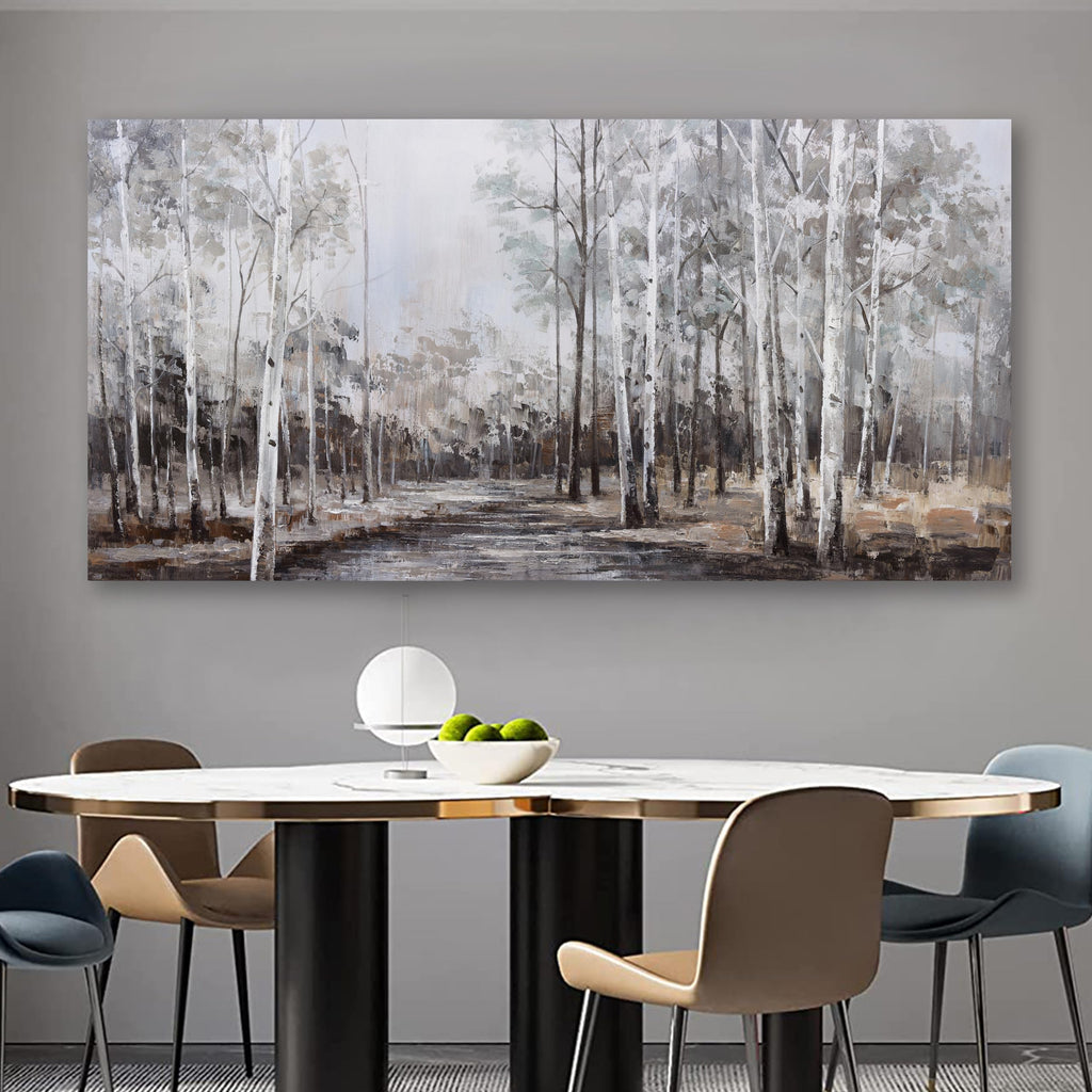 White Birch Tree Wall Art Grey Forest Painting Abstract Canvas Art Landscape Panoramic Picture Nature Artwork Framed