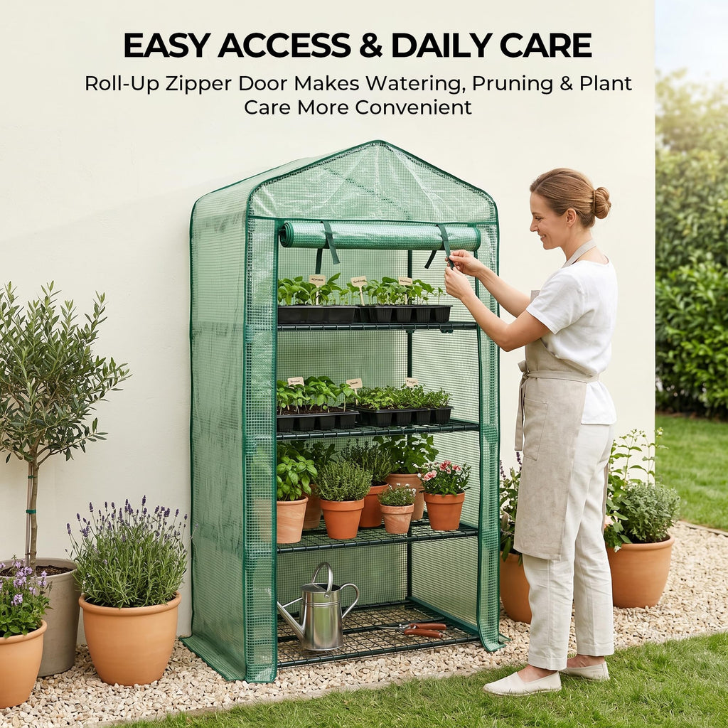4 Tier Mini Greenhouse - 63'' H x 27'' L x 19'' W - Sturdy Portable Gardening Shelves with Durable PE Cover w
