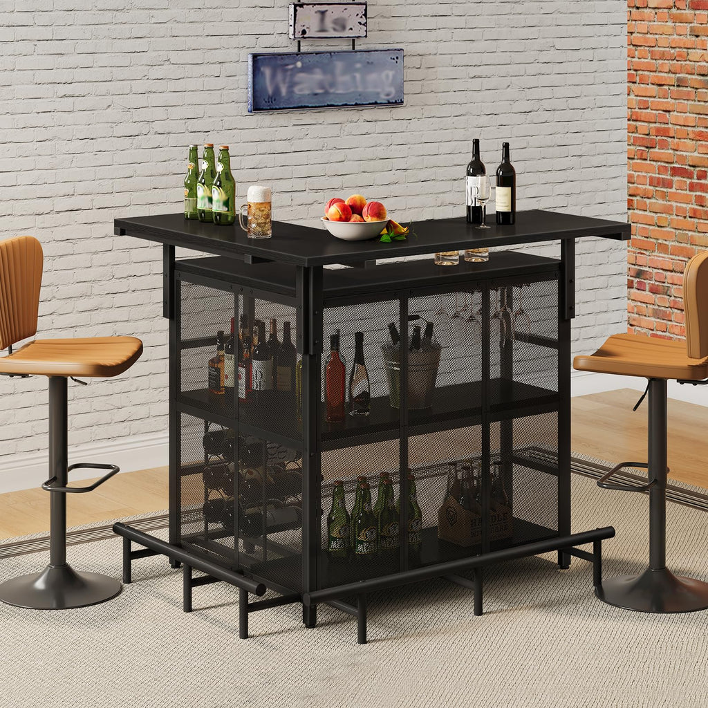Bar Unit, L-Shaped Bar Table with Glasses Holder & 4-Tier Shelves, Corner Mini Liquor Cabinet with Footrest &