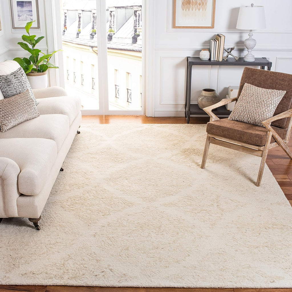Abstract Area Rug - 10' x 14', Ivory & Beige, Handmade Wool