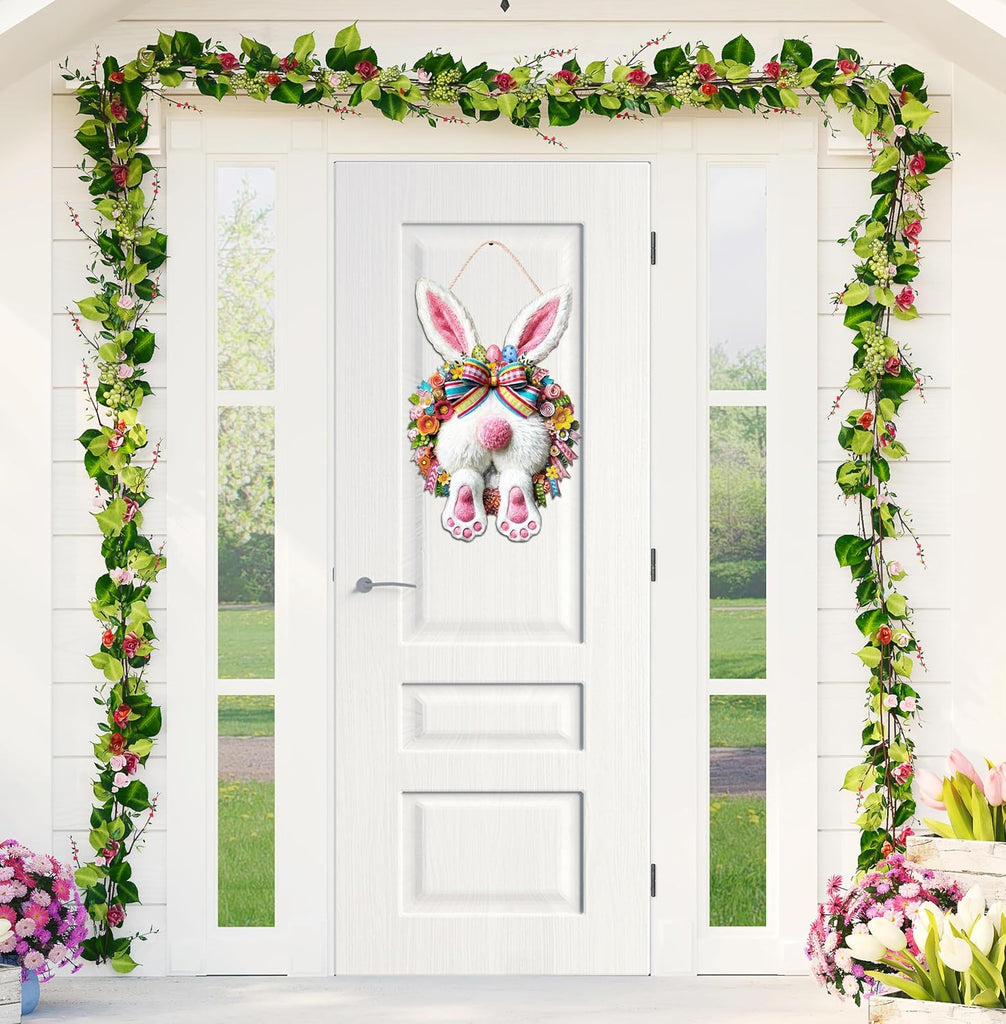 Easter Decoration Wooden Door Wreath for Front Door Sign Cute Bunny Wooden Door Hanger Rabbit Spring Decoration, Cute
