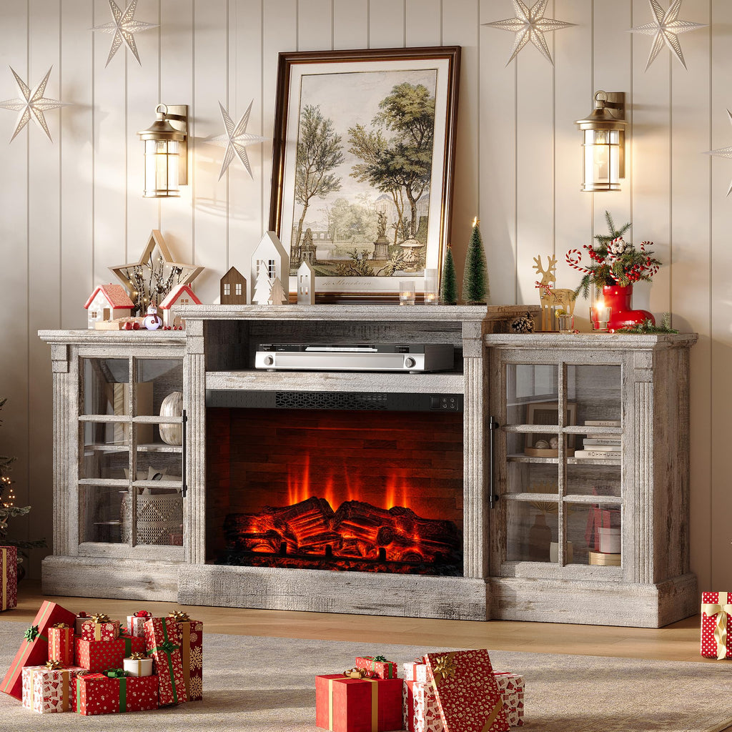 70" Farmhouse TV Stand with 28" Fireplace, Light Grey