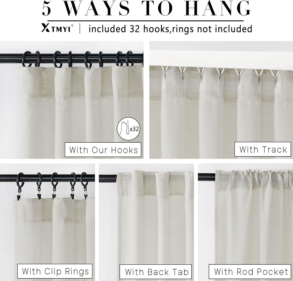 Linen Curtains 96 Inch Long 2 Panel Set, Cream Sheer Pleated Curtain, Modern Farmhouse Curtains for Dining Room