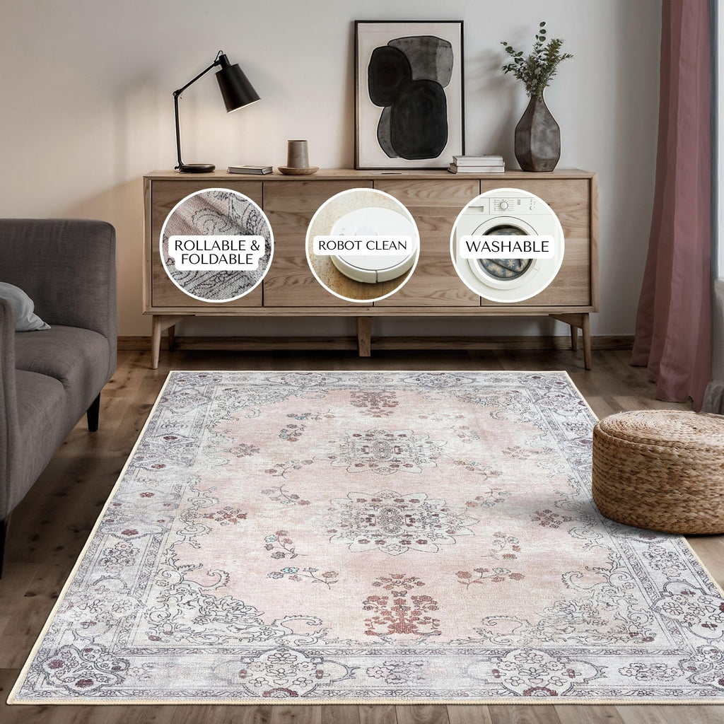 Lite Pink Oushak Area Rug 2' - Washable Area Rugs, Non-Slip Small Throw, Vintage Low Pile Turkish Eclectic
