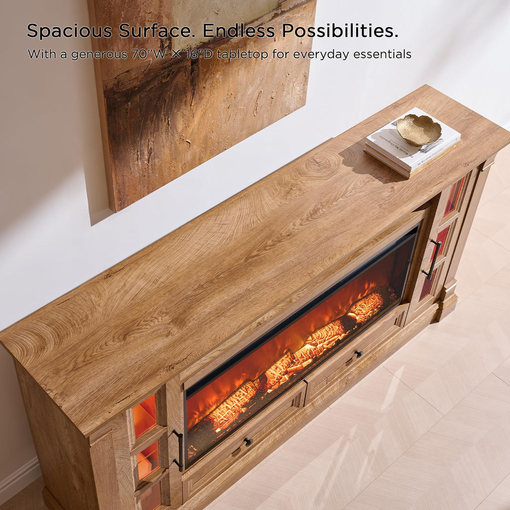 70" Farmhouse TV Stand with 42" Electric Fireplace, Light Knotty Oak