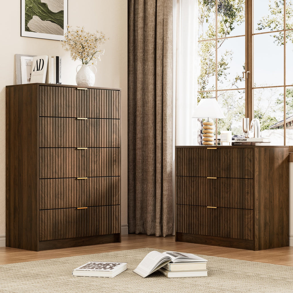 Walnut 5 Drawer Dresser, 47.2" Tall Fluted Wood Dresser