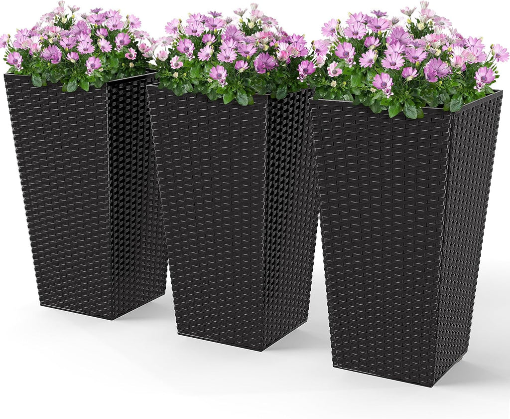 24 in Taper Tall Planters for Outdoor Plants Set of 3, Black | with Drainage Holes, Rattan Decor Plant Pots, Indoor
