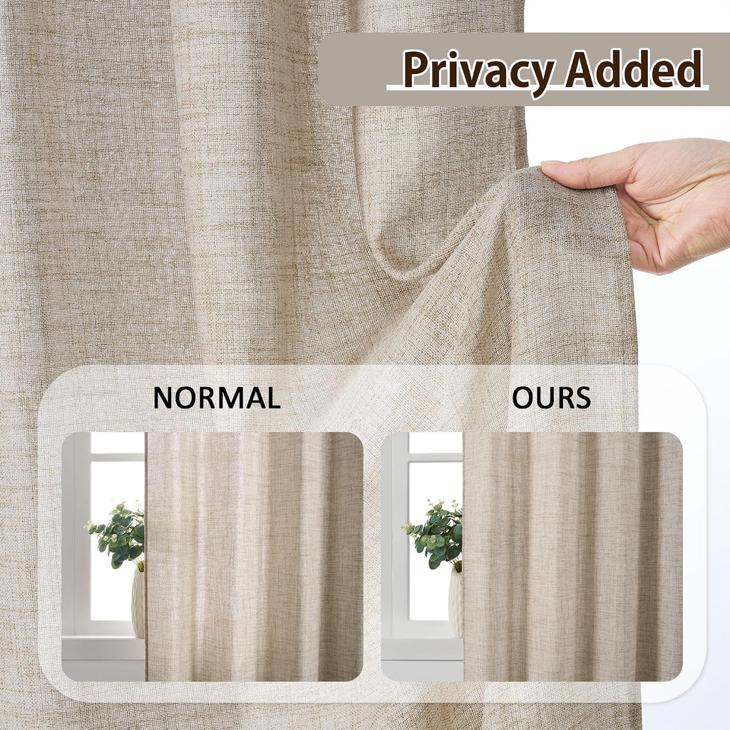 Beige Sheer Pinch Pleated Curtains 96 Inches Long 2 Panels,Back Tab Pleated Drapes Hooks Thick Linen Textured Boho