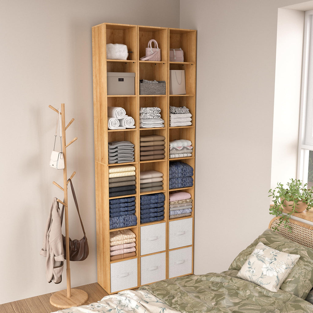8-Cube Storage Organizer Bookcase, Oak Tall Narrow Bookshelf, Freestanding Open Cubby Storage Shelf, Display Cabinet