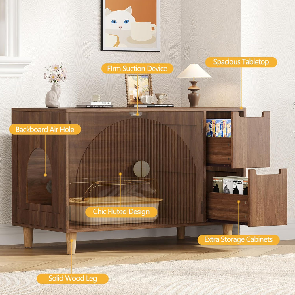 35.4" Wooden Fluted Cat Litter Box Enclosure with 2 Layer Drawers
