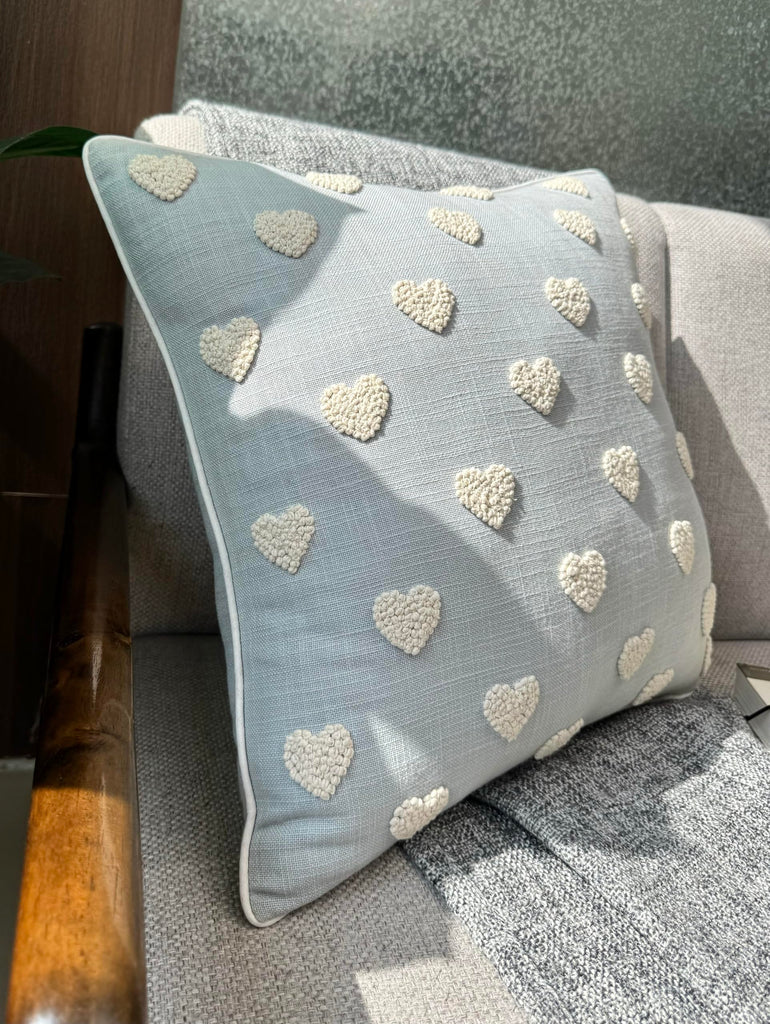 Embroidered Tufted Heart 18x18 Throw Pillow Cover, Robins Egg