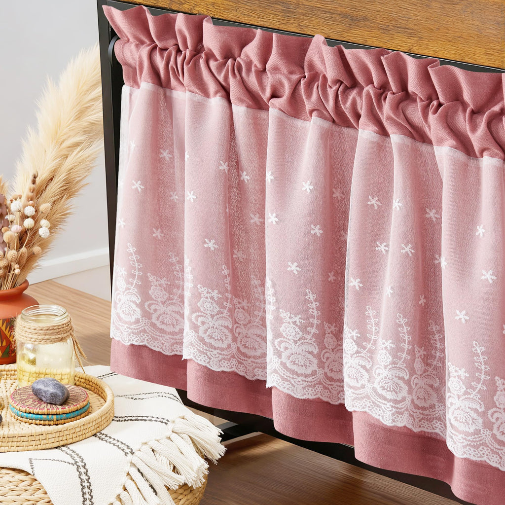 Linen Kitchen Valance for Windows 18 Inch Long, Rod Pocket Lace Double Layer Valance Living Room Laundry Light