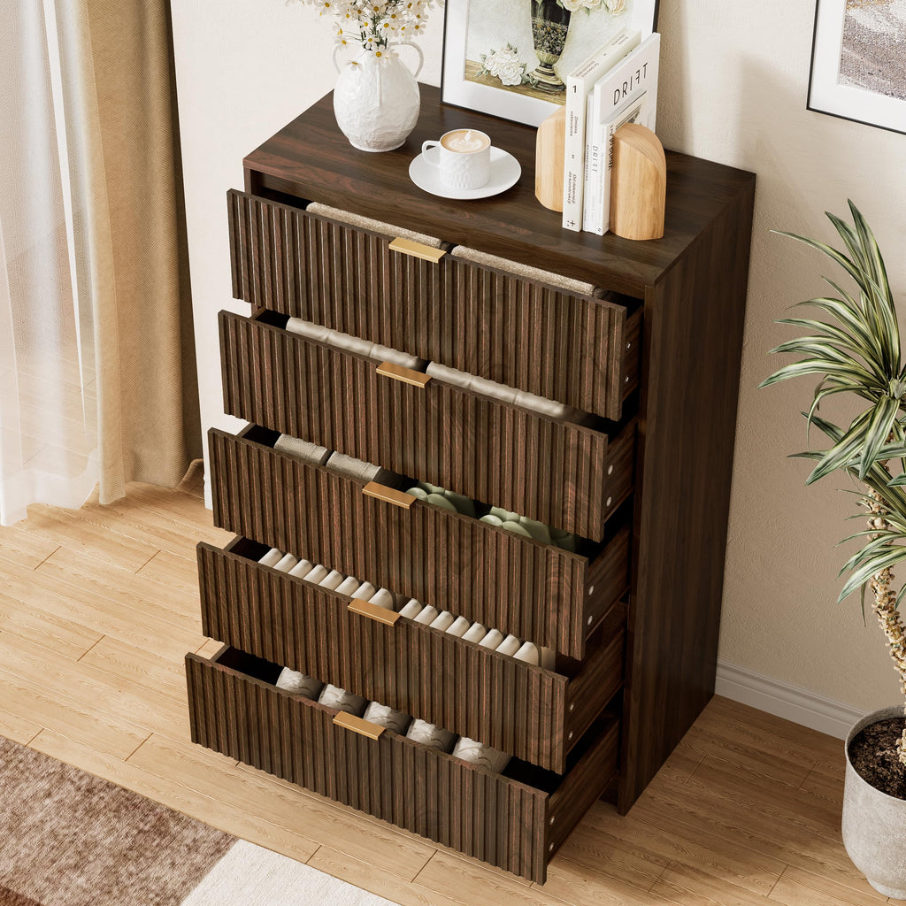 Walnut 5 Drawer Dresser, 47.2" Tall Fluted Wood Dresser