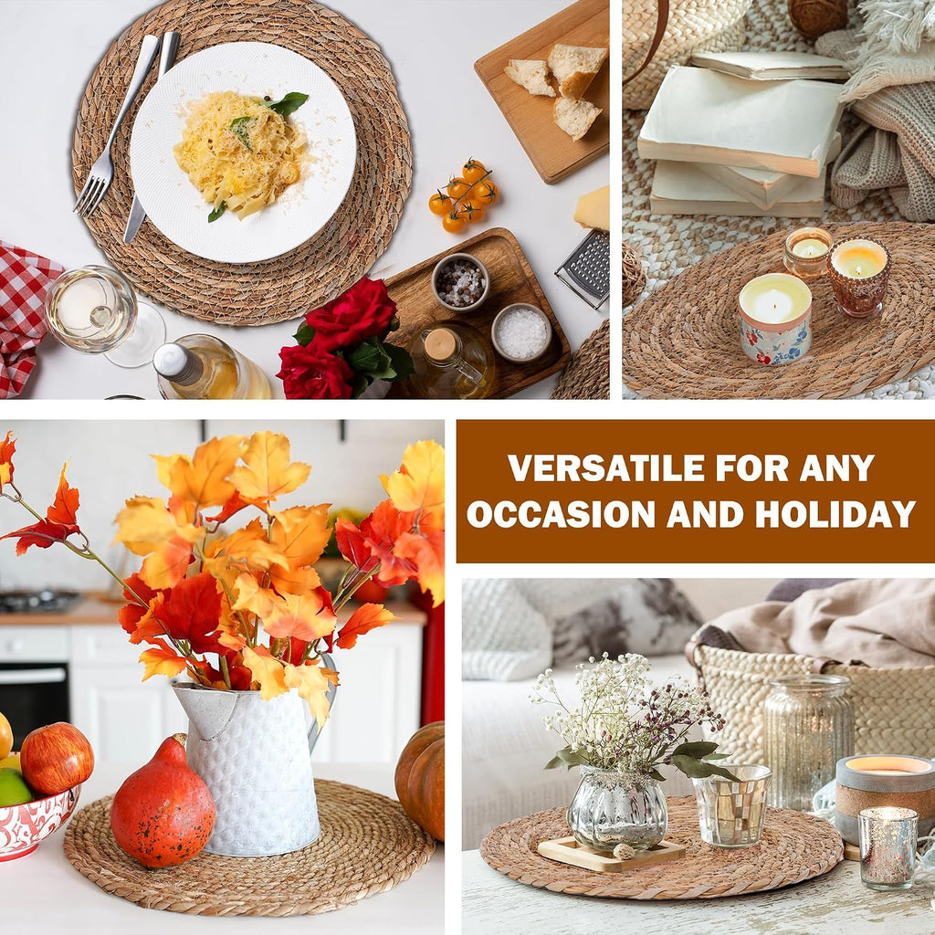 Defined Deco Woven Placemats,12" Round Rattan Placemats,Natural Hand-Woven Water Hyacinth - Set of 6