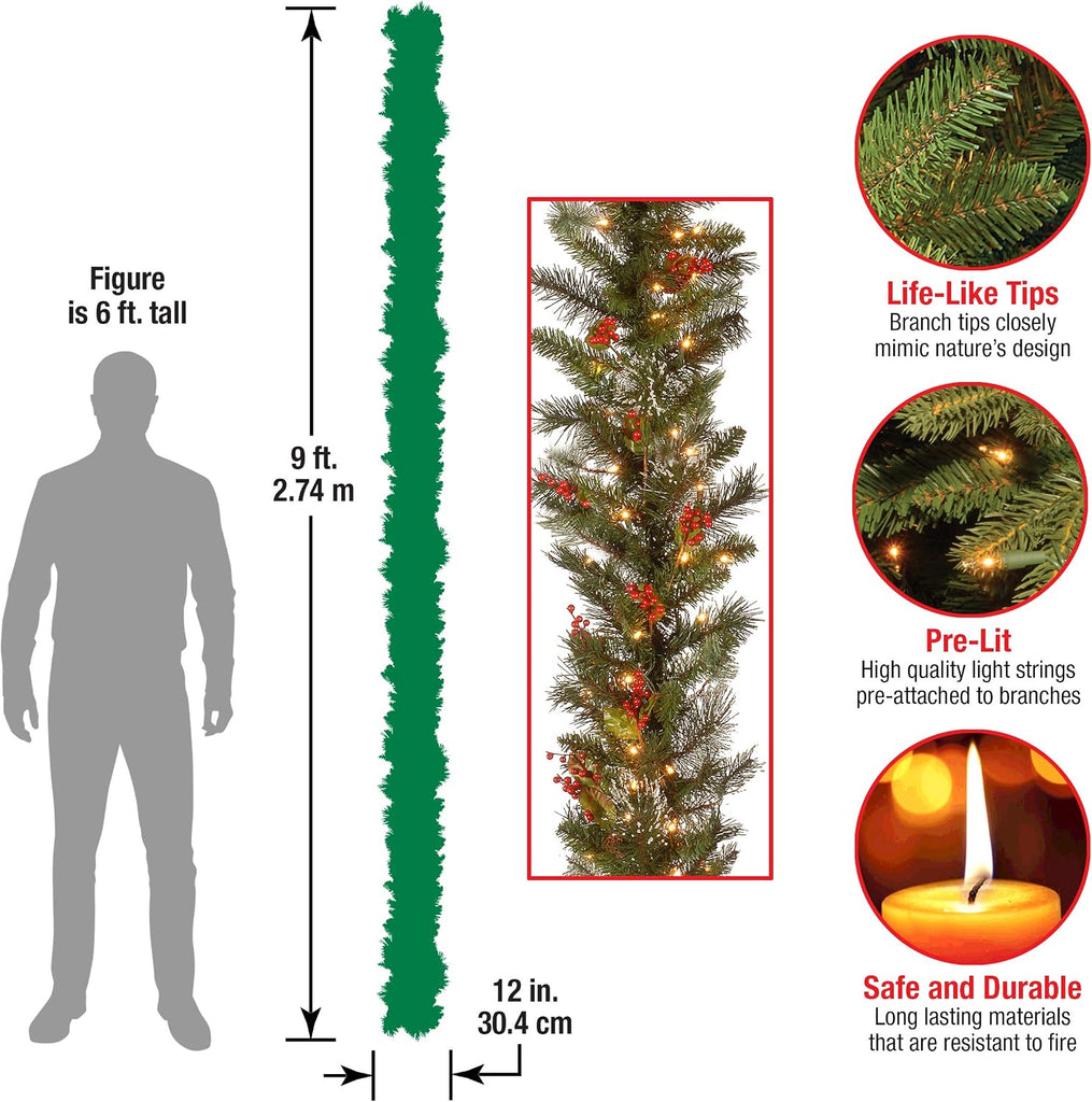 Tree Company 9ft Pre-Lit Wintry Pine Flocked Christmas Garland | 100 Clear Lights, 184 Tips, Artificial Christmas