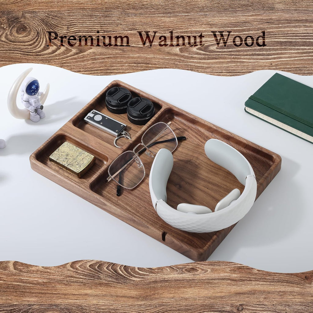 Walnut Wooden Valet Tray - Bedside Table Organizer for Men Dad, Edc Catch All Tray with Cable Slot (11.4 x 7.9 x 0.8
