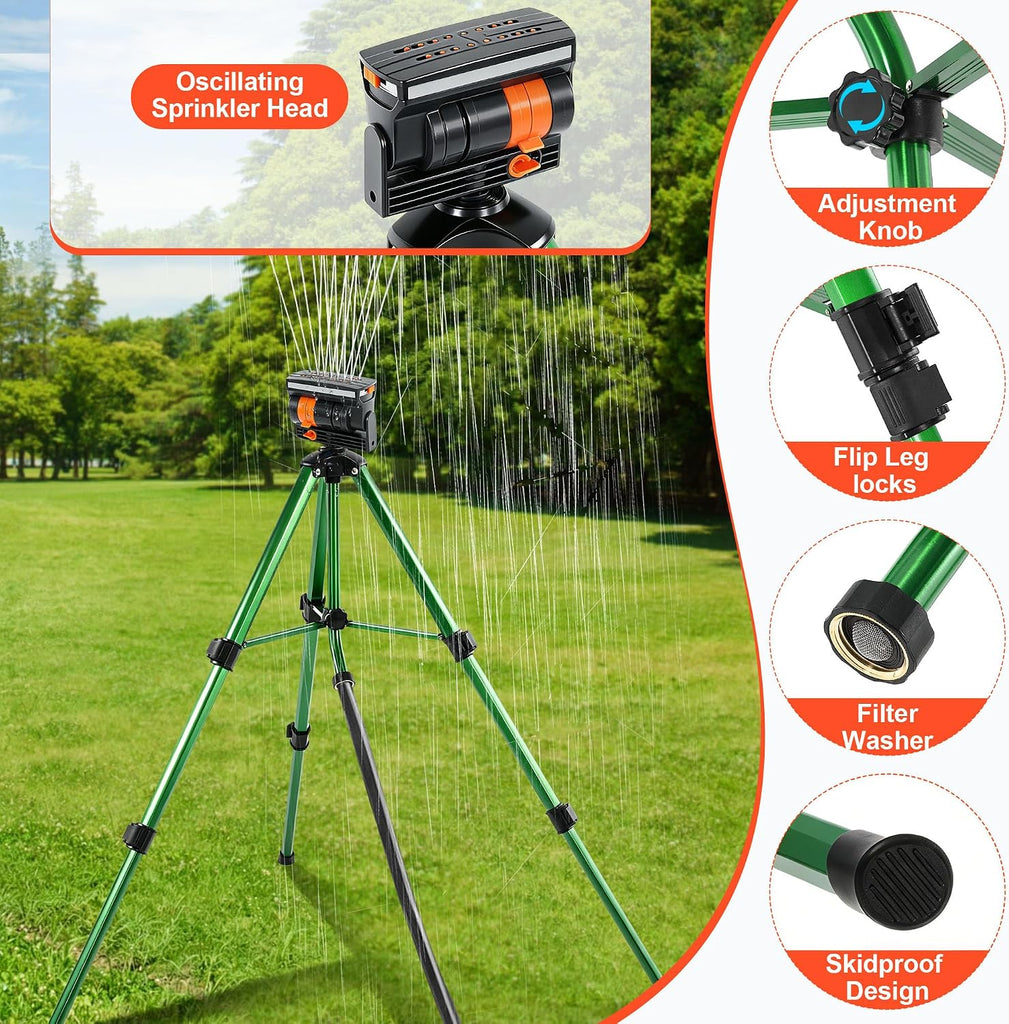 Oscillating Sprinkler Head on Telescoping Tripod Base with 2 Sprinkler Extensions, Heavy Duty Lawn Sprinklers, 360°
