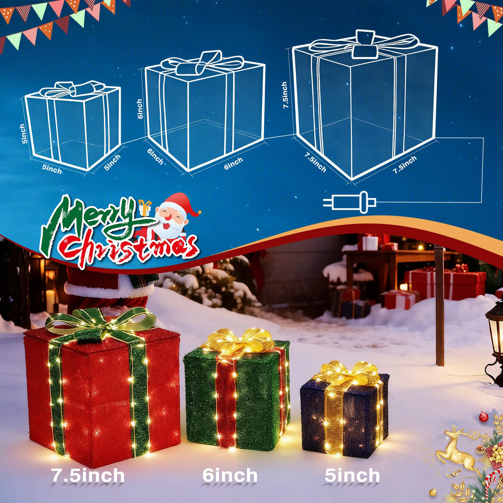 Set of 3 Christmas Lighted Gift Boxes - Warm White 160 LEDs Outdoor Decor