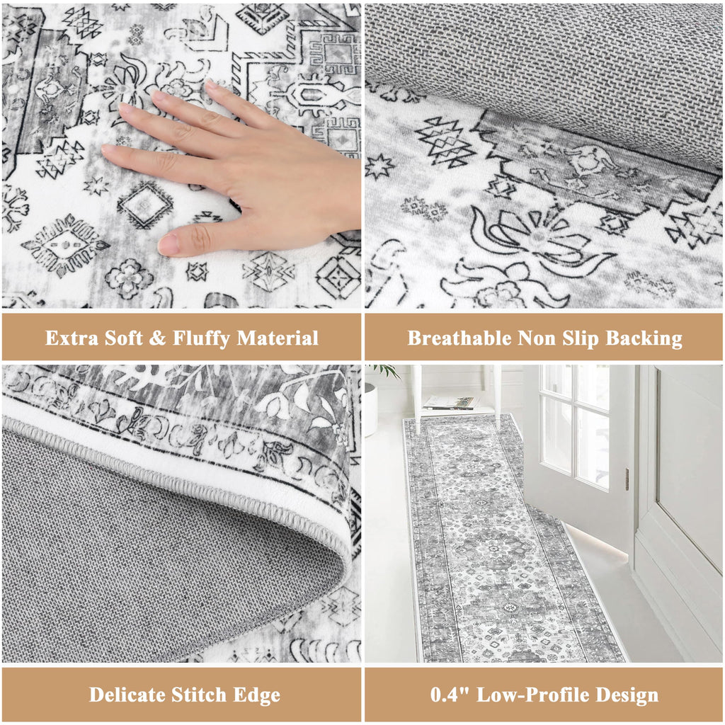 Hallway Runner Rug 2'6'' x 14', Washable Kitchen Runner, Vintage Grey