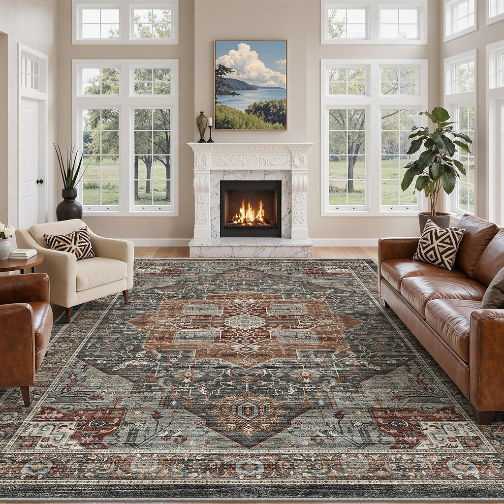 10x14 Living Room Rugs, Non Slip Washable Rug Grey/Brown/Tan