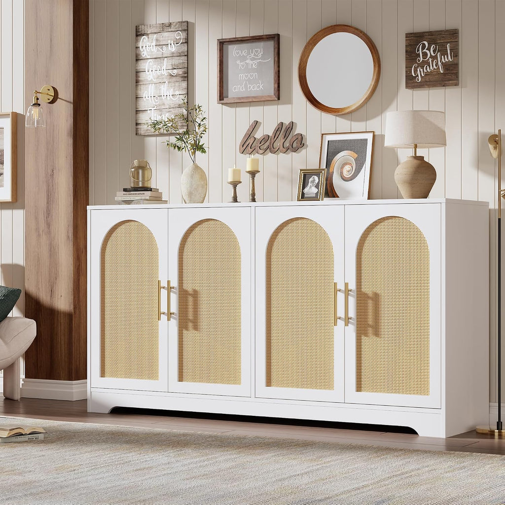 59" Rattan Sideboard Buffet Cabinet - Large Storage Cabinet with 4 Doors, Modern Console Table Accent Coffee Bar