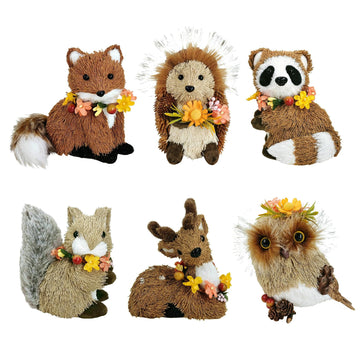 Set of 6 Sisal Woodland Animals w/Floral for Fall Home Decor