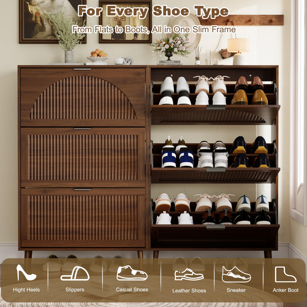 Fluted Shoe Cabinet with 3 Flip Drawers, Narrow Wood Shoe Storage Cabinet Slim Shoe Rack, Freestanding Shoe Cabinet