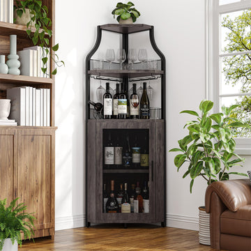 Corner Bar Wine Cabinet with Glass Holder Wine Bar Rack Cabinet with Mesh Door & Glass Holder, Industrial Liquor