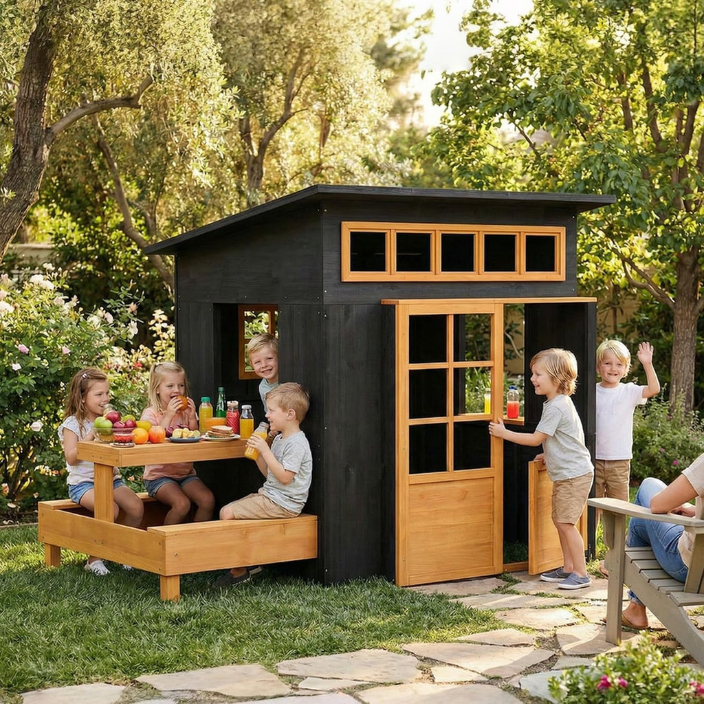Fir Wood Outdoor Playhouse for 3-8: Chalkboard Walls, Built-in Picnic Table & Benches, 110lb Capacity
