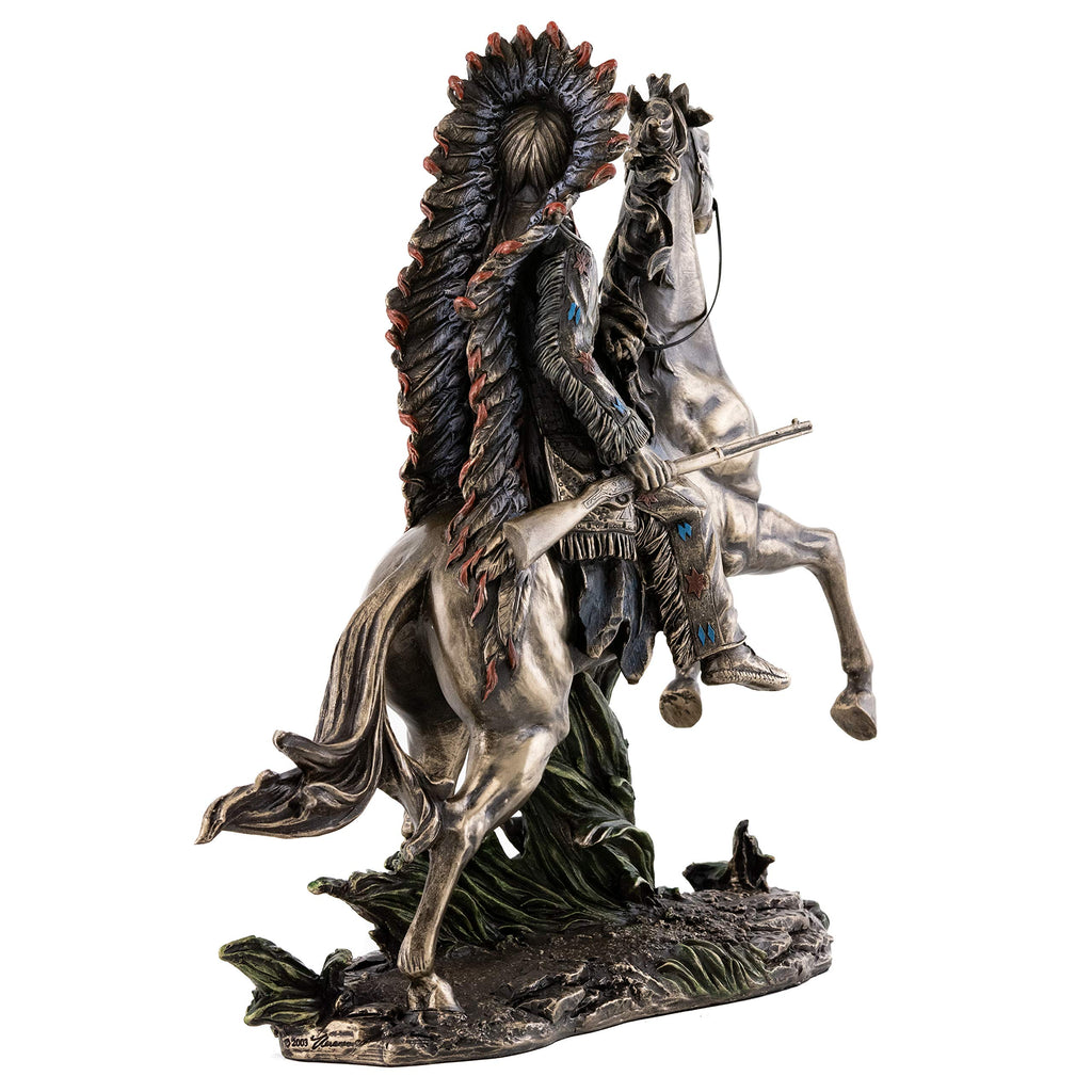 Chief Sitting Bull on Horseback Statue - Native American Sculpture with Beautiful Headdress in Premium Cold Cast