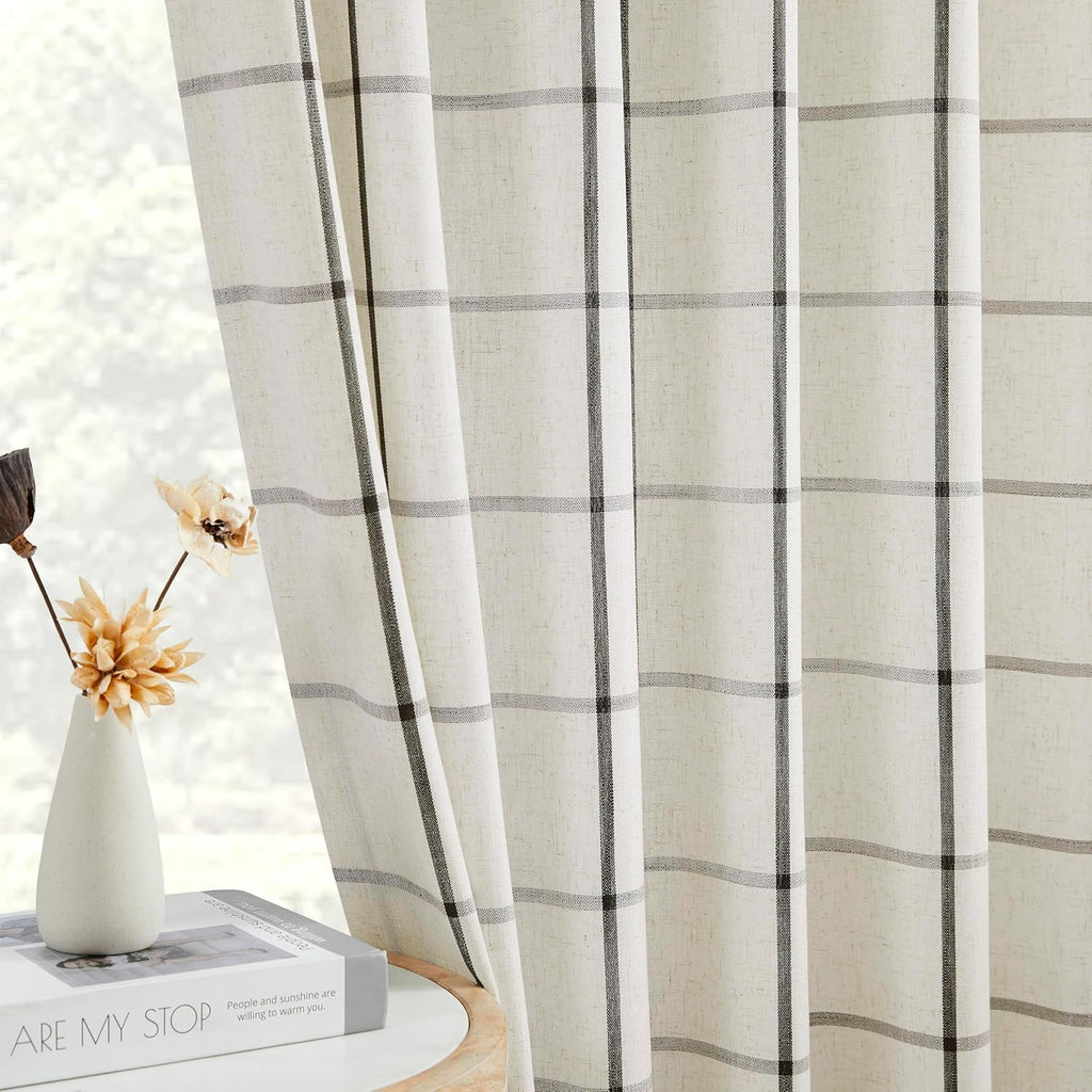 Black Plaid Pinch Pleat Semi Sheer Checkered Linen Blended Window Curtain Drape 95 Inch for Farmhouse Living Room
