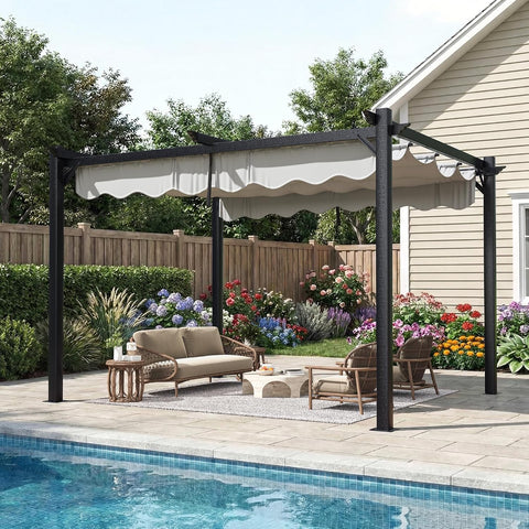 10'x12' Outdoor Pergola with Retractable Canopy, Patio Metal Heavy-Duty Gazebo Shelter for Backyard, Deck, Garden