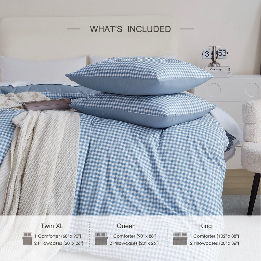 Comforter Set, Blue Gingham, Reversible, 3 Pieces