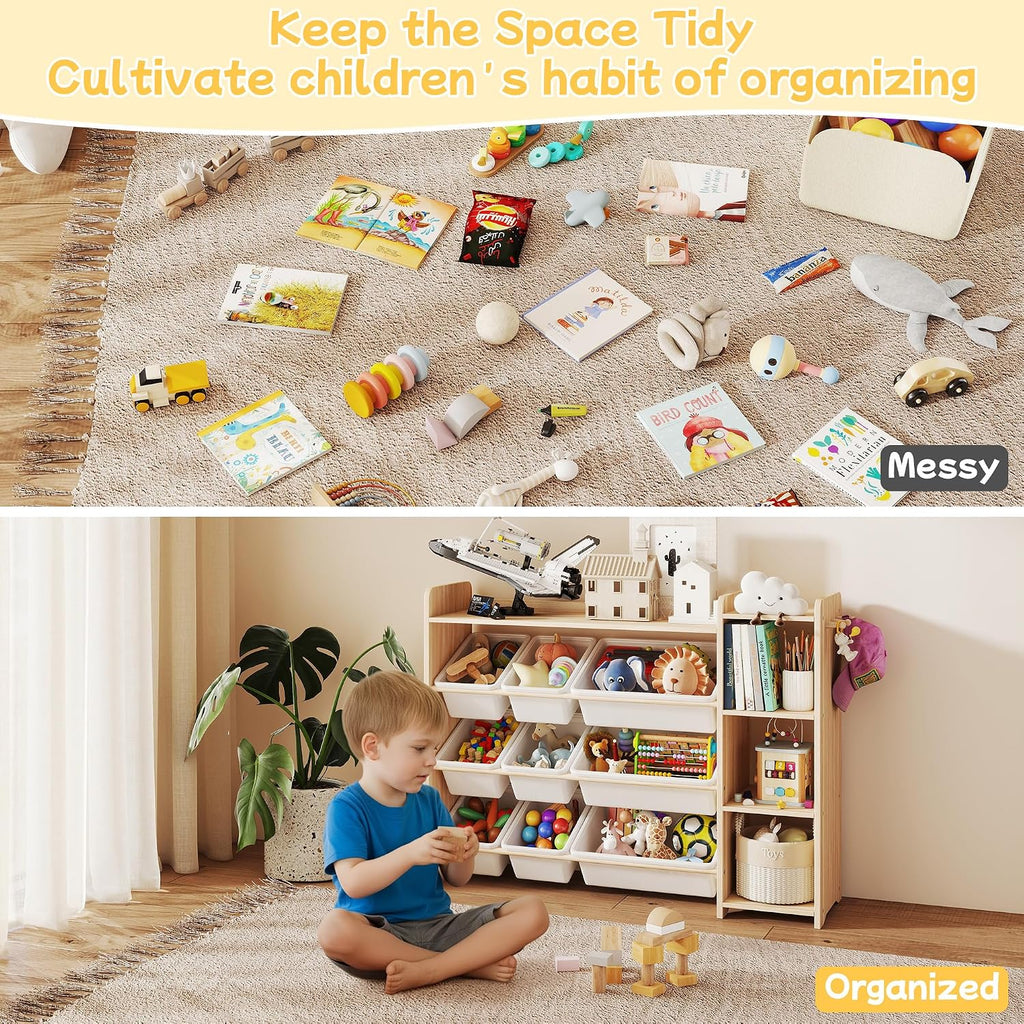 Kids Toy Storage Organizer, Wooden Shelf with 3 Tiers and 9 Storage Bins, Nursery Room Organizer for Books and Toys