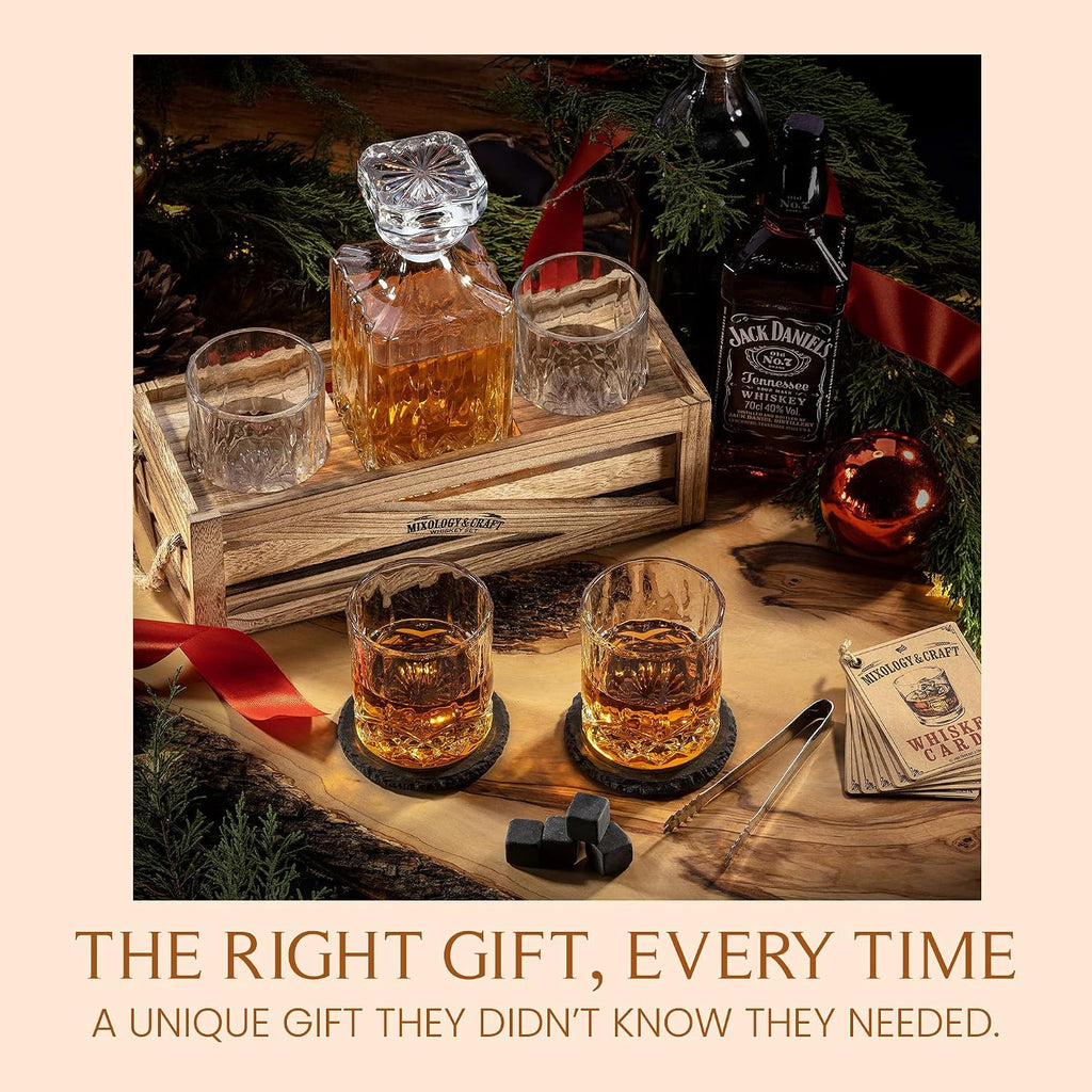 Whiskey Decanter Set - Elegant 24oz Crystal Glasses, Rustic Wood Stand, 6 Chilling Stones, Metal Tongs, Recipe Cards