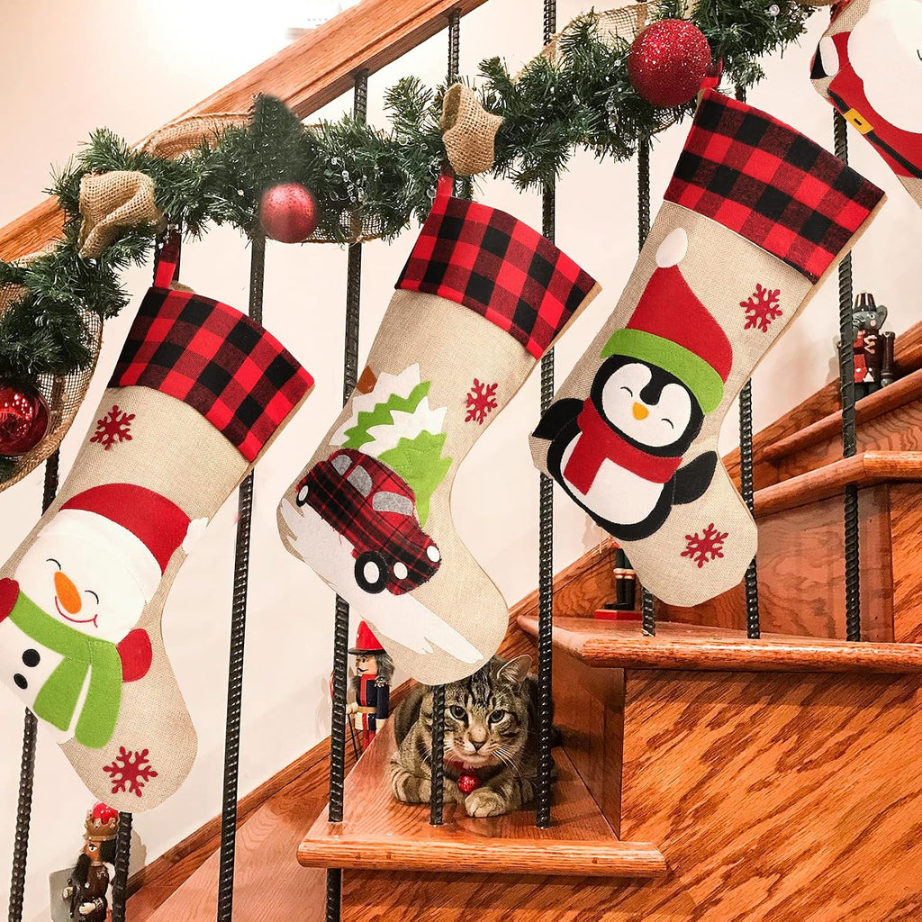 S 5 Pack, 18'' Large Christmas Stockings with Santa Snowman Gnomes Pattern,Classic Buffalo Plaid Cuff,Xmas Ornaments - Set of 5