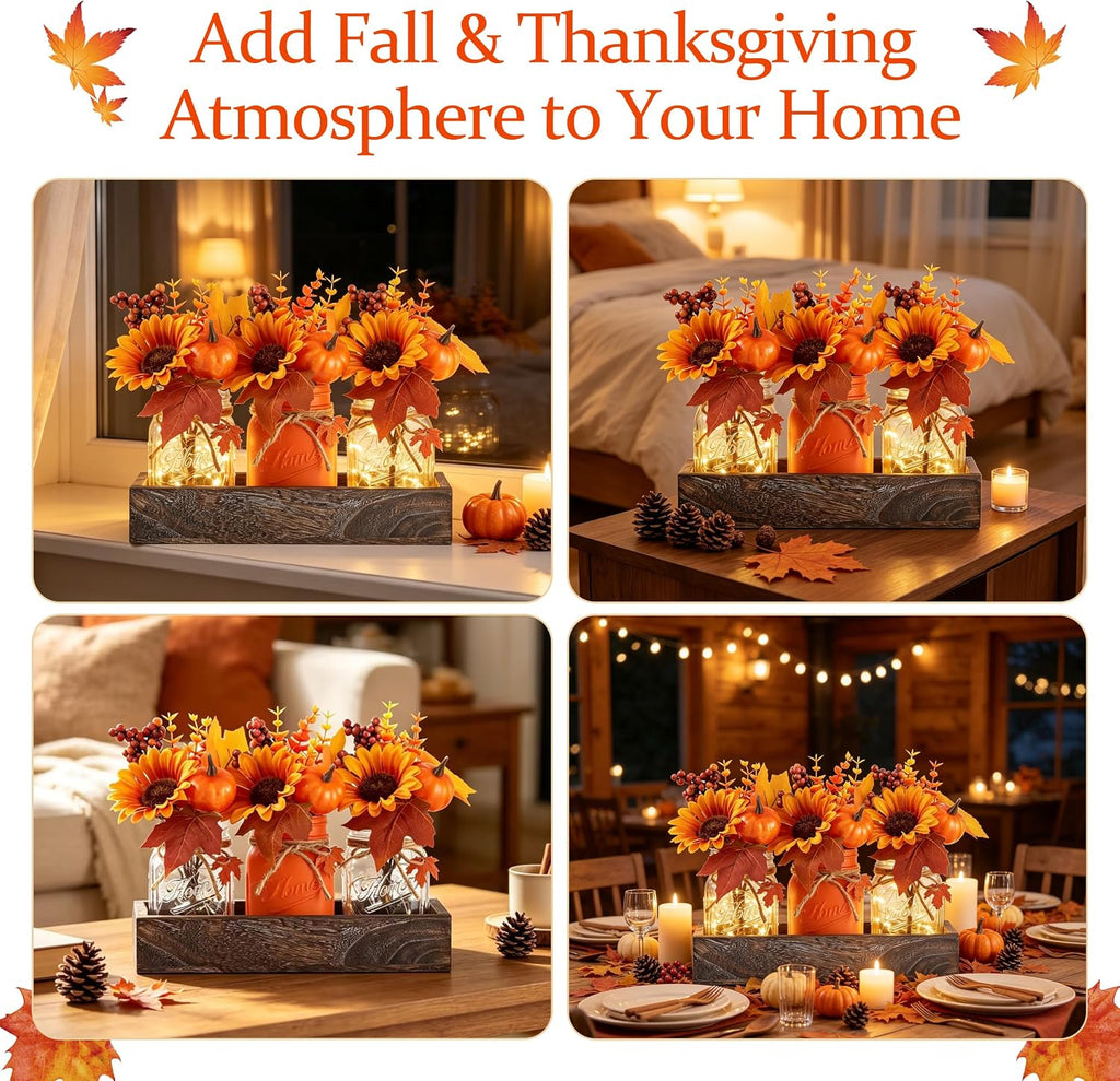 Mason Jar Fall Thanksgiving Table Decorations, Centerpieces for Tables - Set of 3