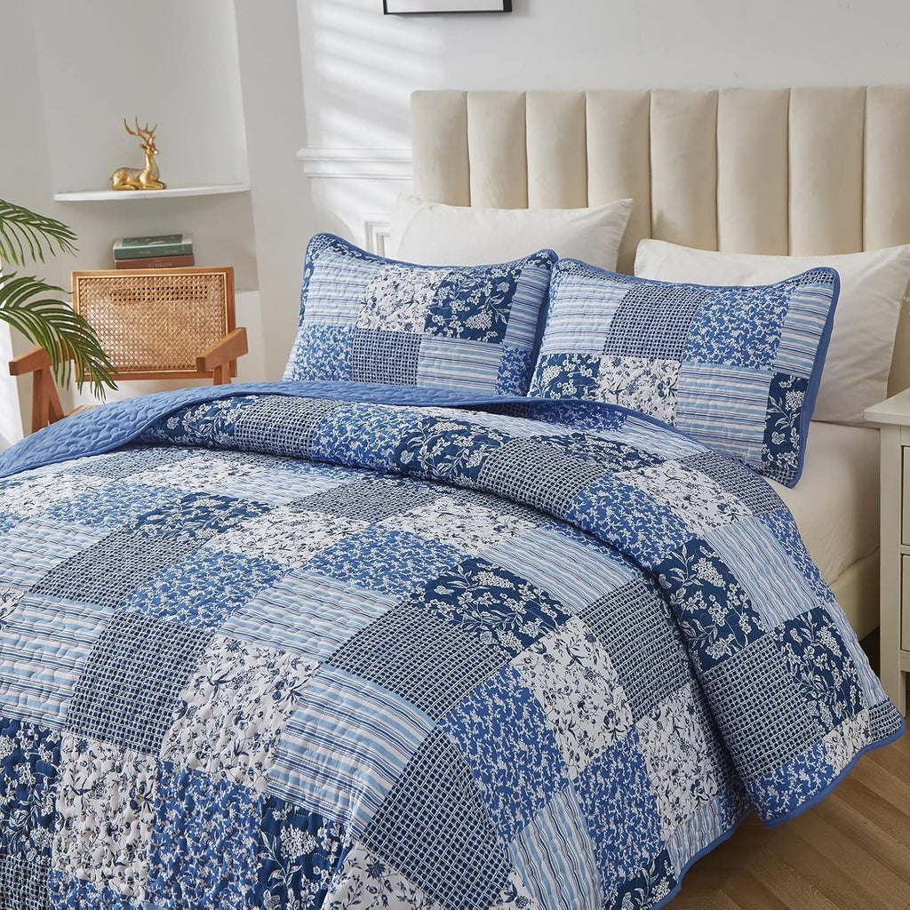 Blue Quilt Set California King, 3 Pieces Plaid Floral Bedspread Set Patchwork Reversible Bedding Set Microfiber