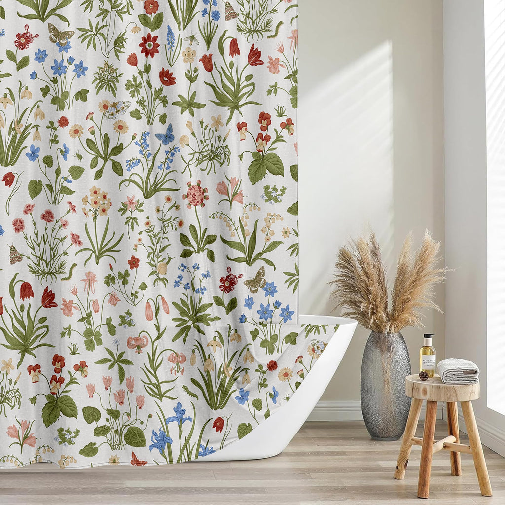 Boho Rustic Floral White 140 GSM Faux Linen, Vintage Morris Abstract Green Leaves Plant with Wildflowers Bathroom