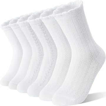 Girls Kids Ruffle Socks Uniform School Dress Crew Cotton Textured Breathable Socks 6 Pairs