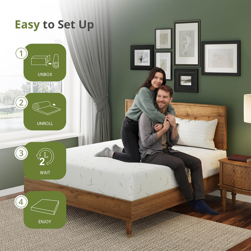 10 Inch Memory Foam Mattress Medium Plush, Queen Mattress, Green | Cooling Green Tea Gel Memory Foam for Pressure