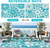 Outdoor Rug for Patio 9x12 ft Reversible Plastic Straw Patio Camping Rug, Floral Waterproof RV Mat f