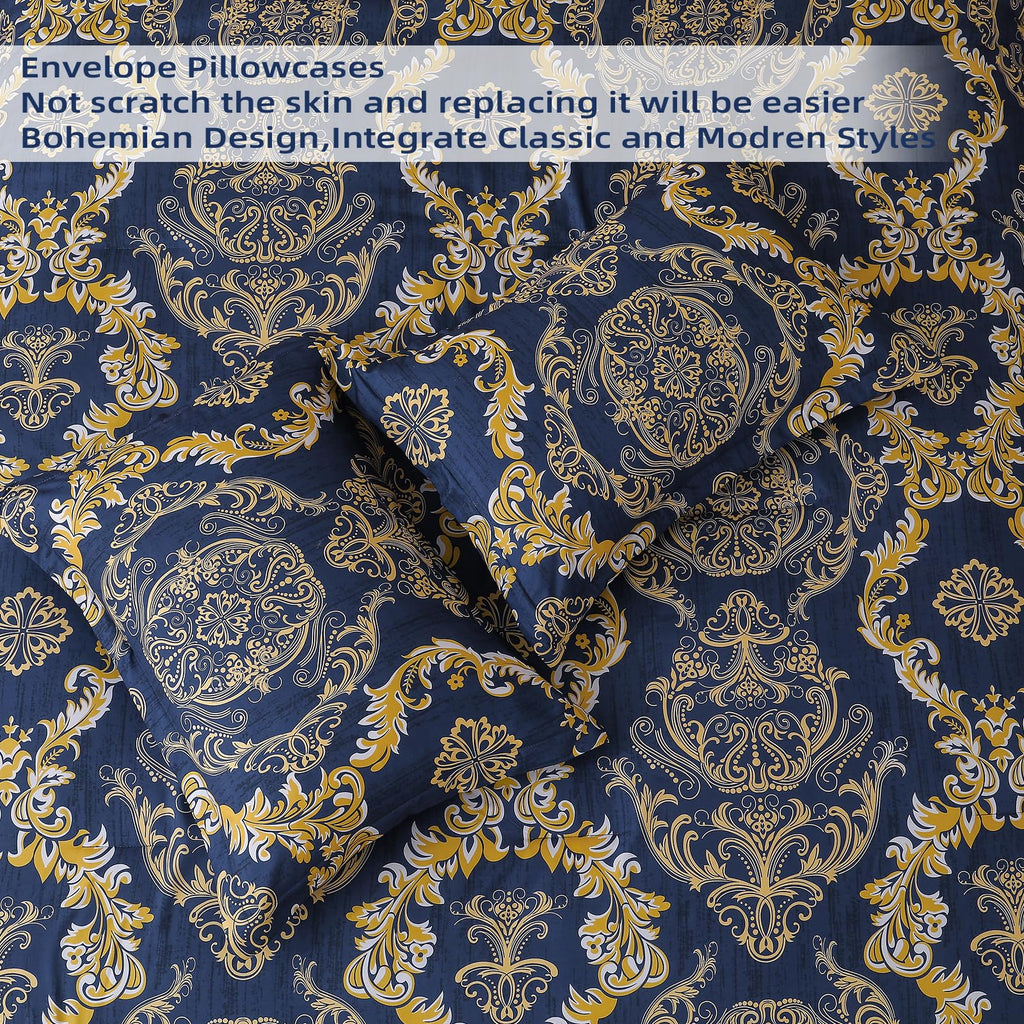 Blue Gold Comforter Set King Size, Damask Texture 7 Pieces Bed in a Bag Microfiber Comforter Bedding Sets -1