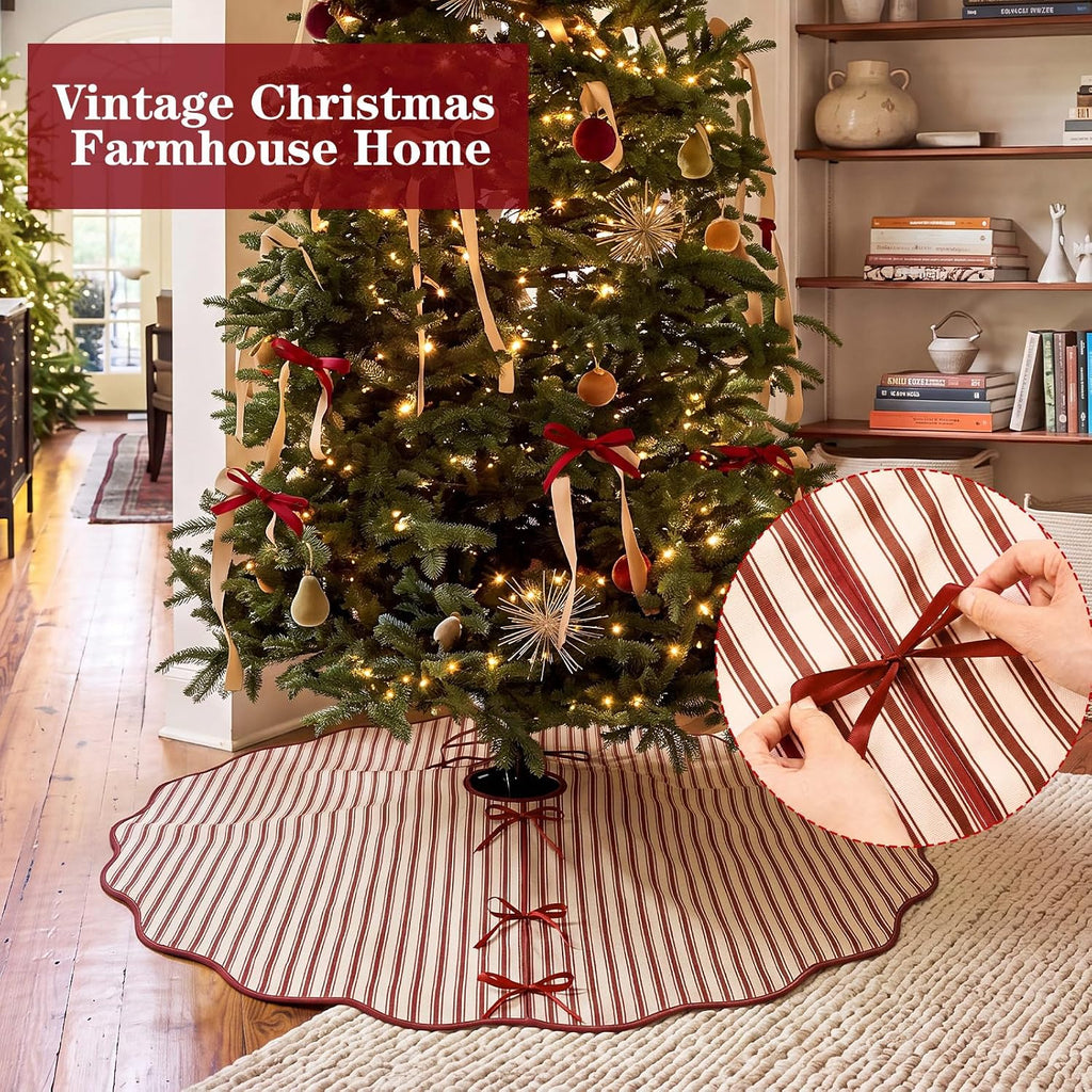 48" Dark Red Striped Christmas Tree Skirt, Primitive Xmas Tree Skirt