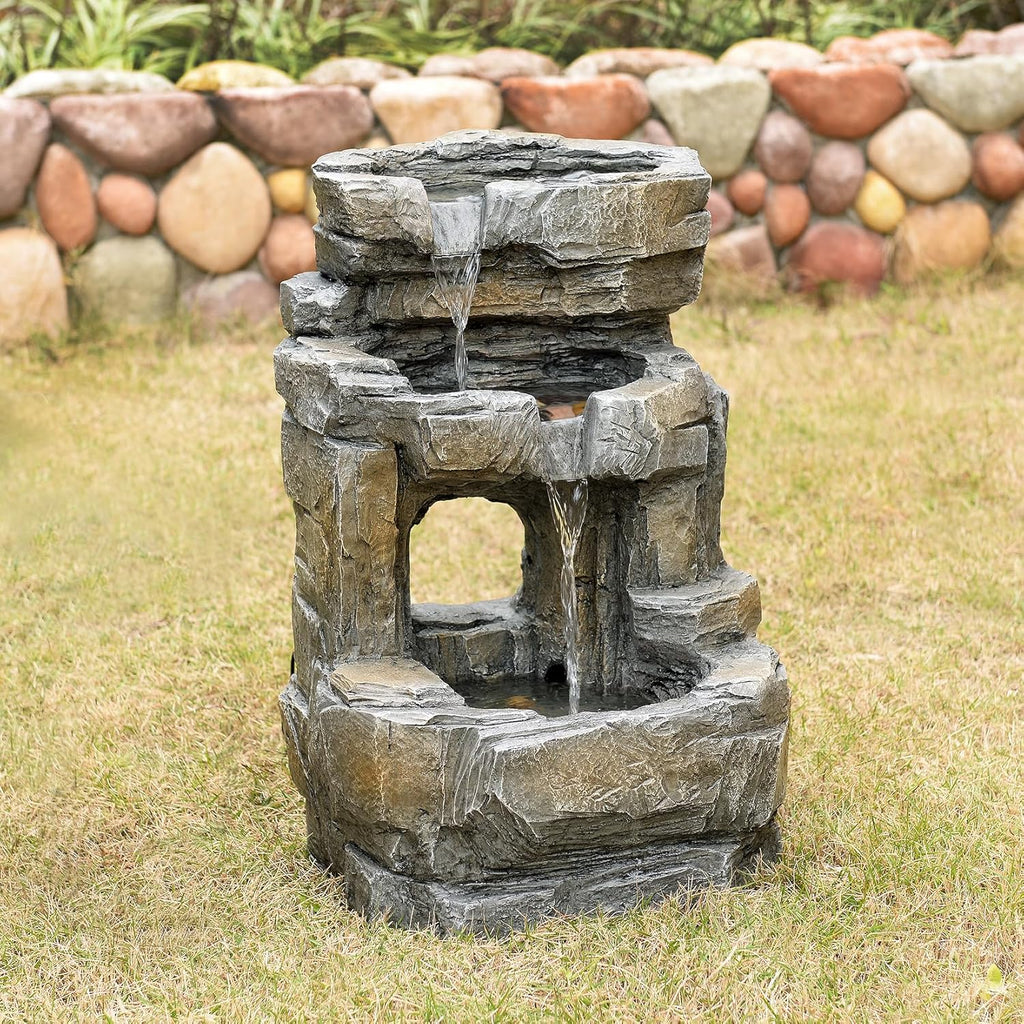 Outdoor Waterfall Fountain with LED Lights - 3-Tier Resin Rock Water Feature Patio Backyard, 21.5" Tall Fountain
