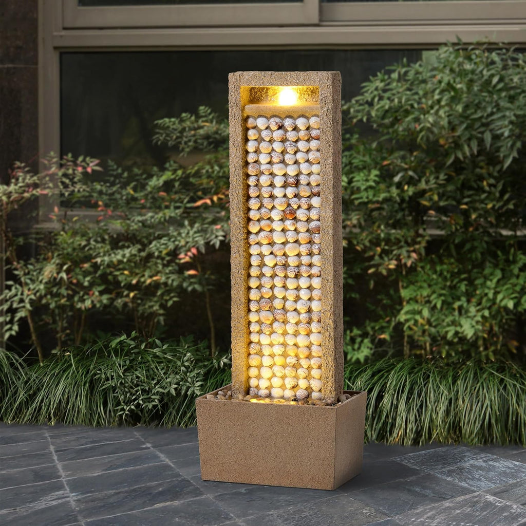 Coastal Seashells Design Outdoor Water Fountain - Warm Glow Lighting with Steady Flow & Electric Pump, Brown