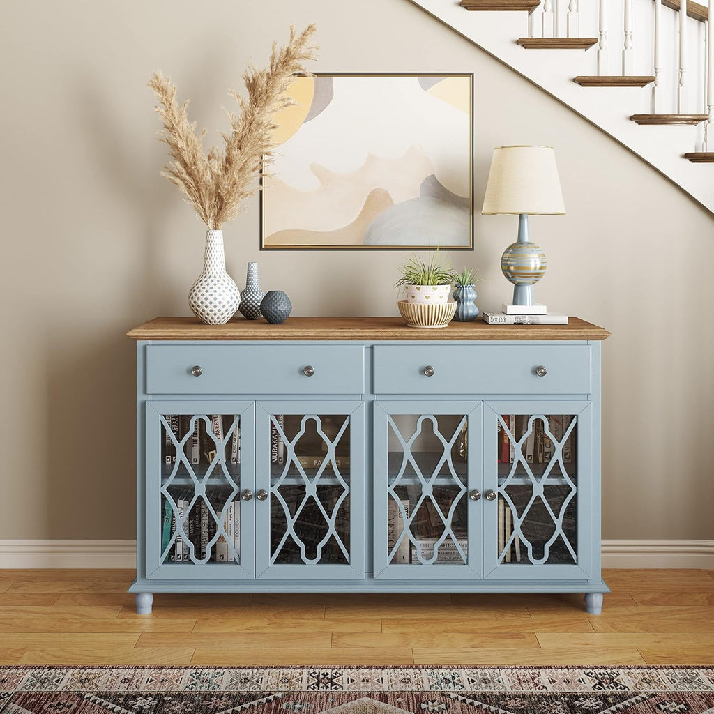 Aurora Hills 4 Door Accent Chest with 2 Drawers, Acacia Wood Farmhouse Cabinet Entryway, Transitional Storage, Blue