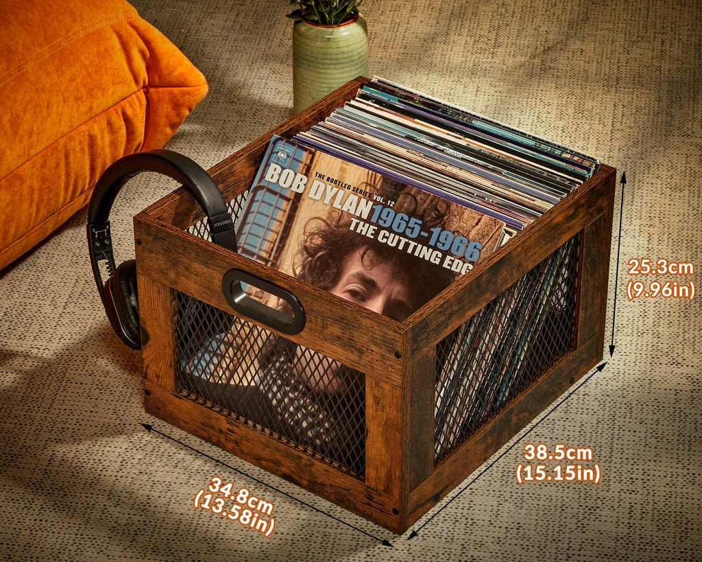 Vinyl Record Storage Crate Wooden Record Holder, Classic Cube Record Organizer Storage 100+ Records, Brown Color